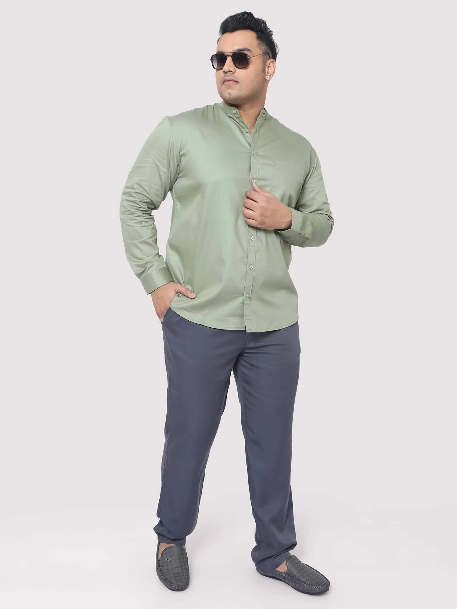 Olive Green Mandarin Collar Men's Plus Size Cotton Full Shirt