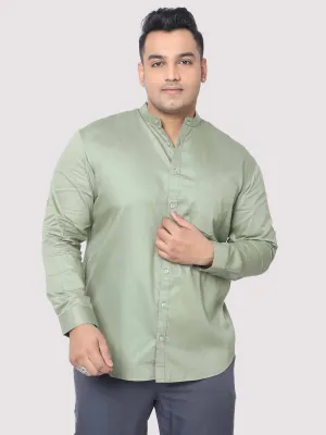 Olive Green Mandarin Collar Men's Plus Size Cotton Full Shirt