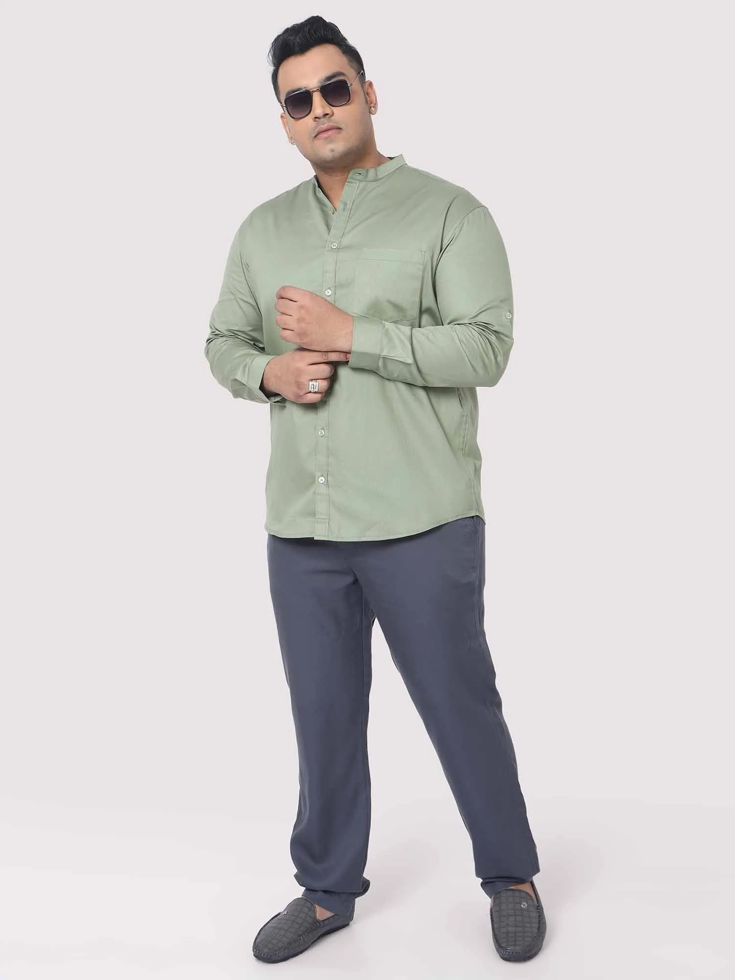 Olive Green Mandarin Collar Men's Plus Size Cotton Full Shirt