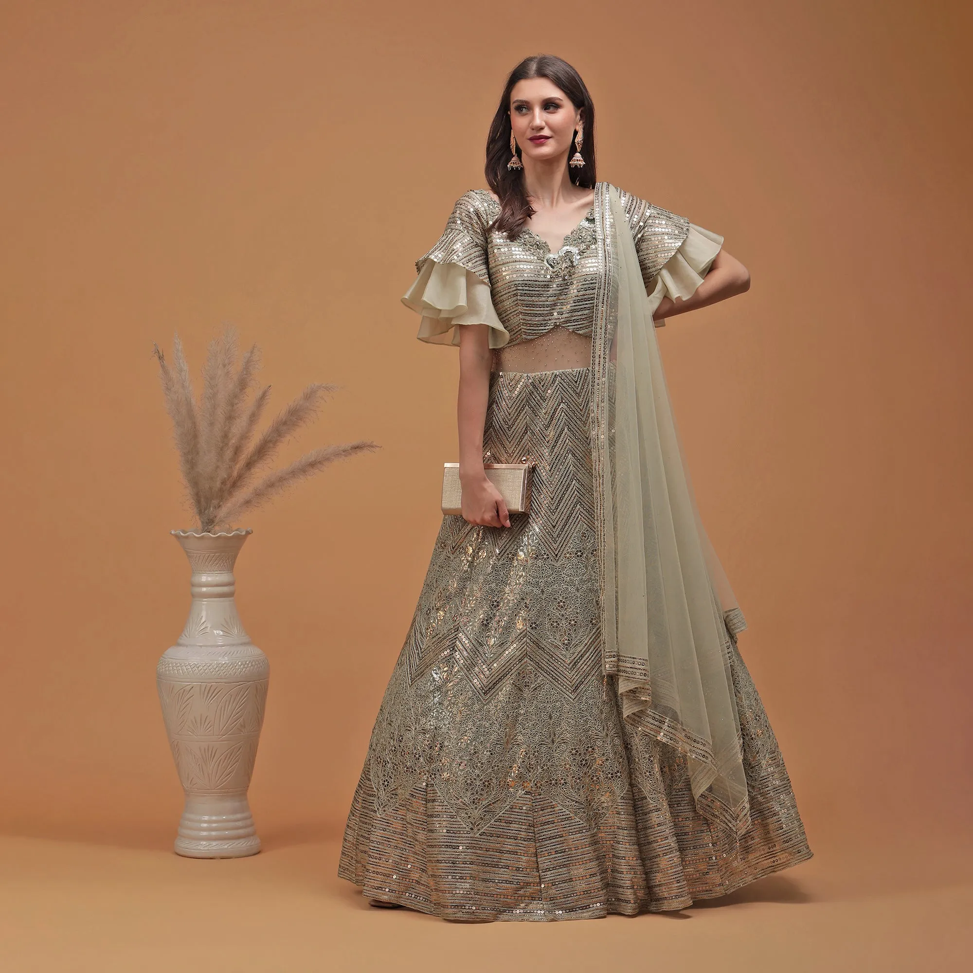 Pannkh Luxe Dusty Green Coloured Sequinned Lehenga with Dupatta Set