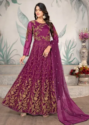 Party Style Purple Floral Zari Thread Embroidered Anarkali Suit