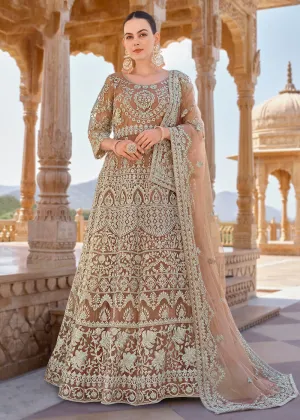 Peach Front & Back Stone Embroidered Wedding Anarkali Suit