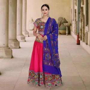 Pink Chania Choli With Blue Odhani