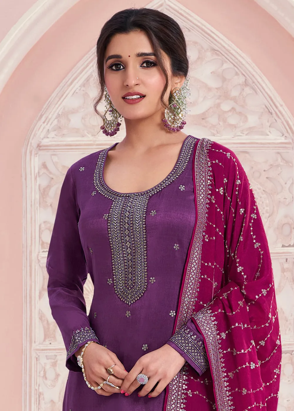 Plum Purple Thread Embroidered Silk Salwar Suit