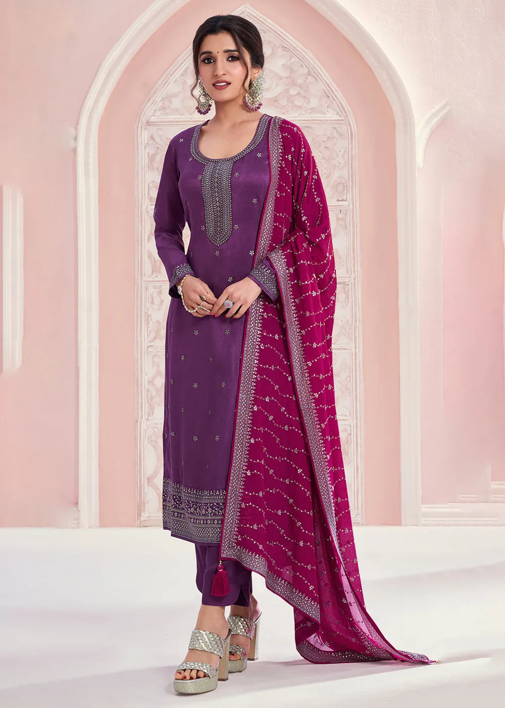 Plum Purple Thread Embroidered Silk Salwar Suit