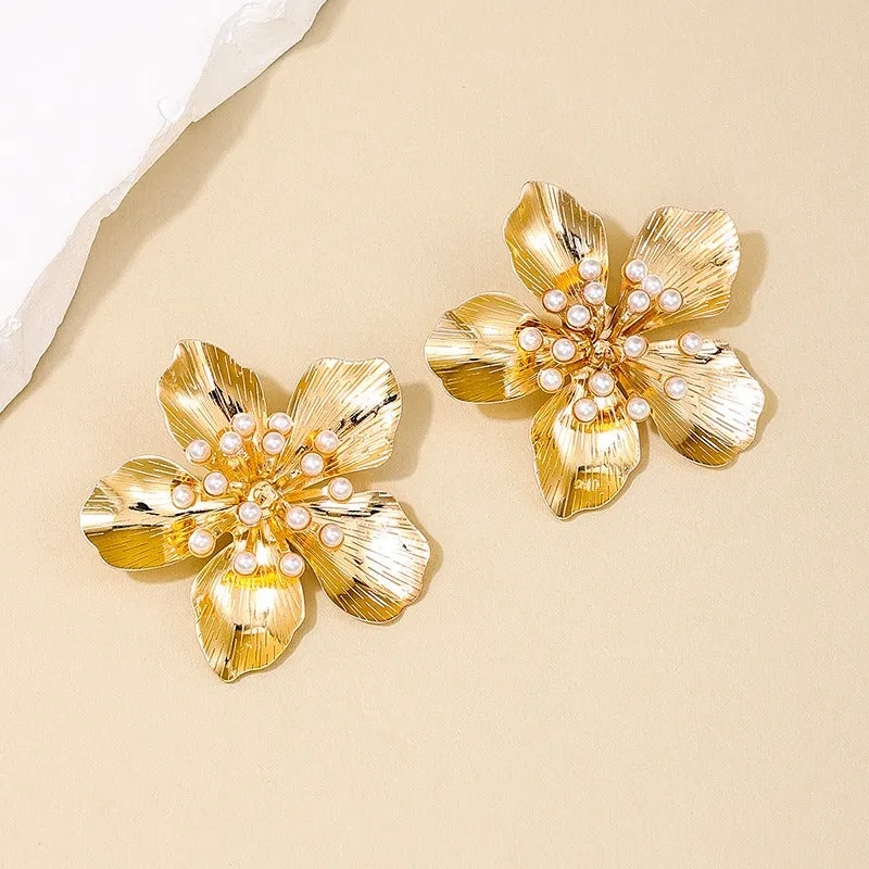 Pre Order:  Exaggerated Retro Flower Pearl Earrings