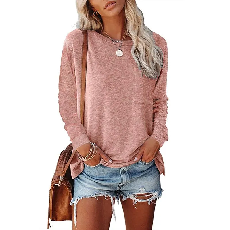 Round neck pocket split long-sleeved casual loose top bottoming T-shirt