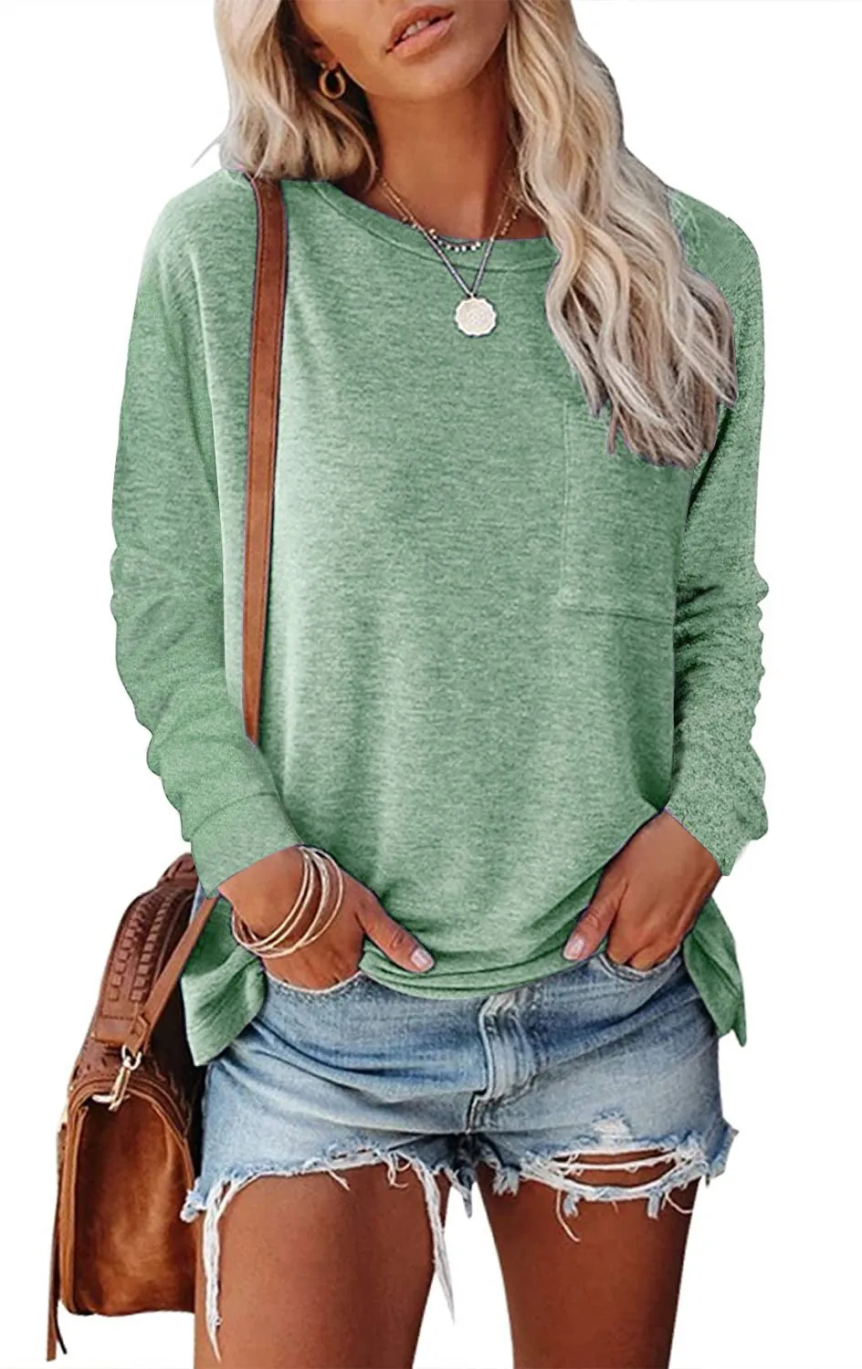 Round neck pocket split long-sleeved casual loose top bottoming T-shirt