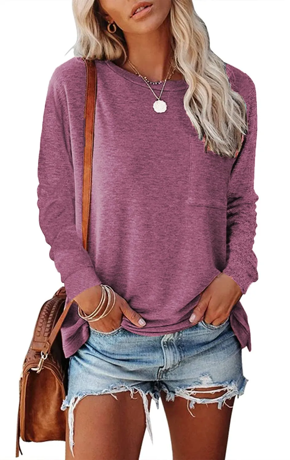 Round neck pocket split long-sleeved casual loose top bottoming T-shirt