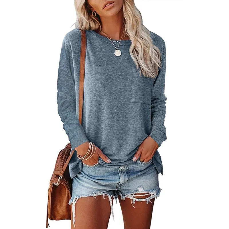 Round neck pocket split long-sleeved casual loose top bottoming T-shirt