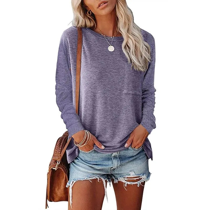 Round neck pocket split long-sleeved casual loose top bottoming T-shirt