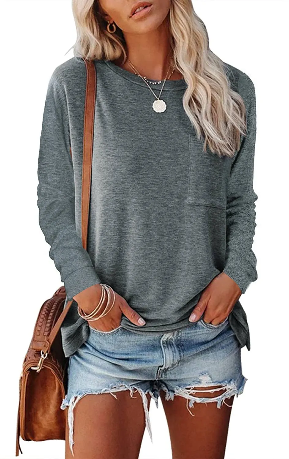 Round neck pocket split long-sleeved casual loose top bottoming T-shirt