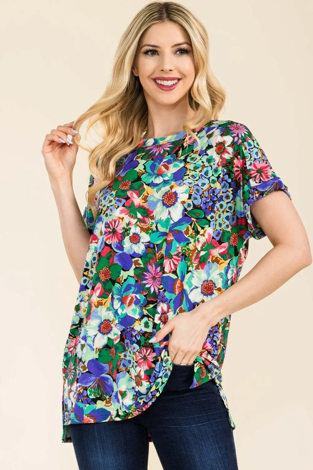 Round Neck Short Sleeve Floral Top