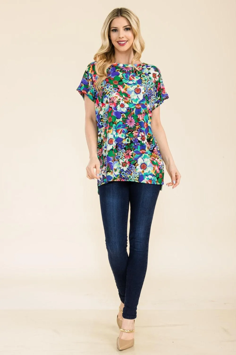 Round Neck Short Sleeve Floral Top