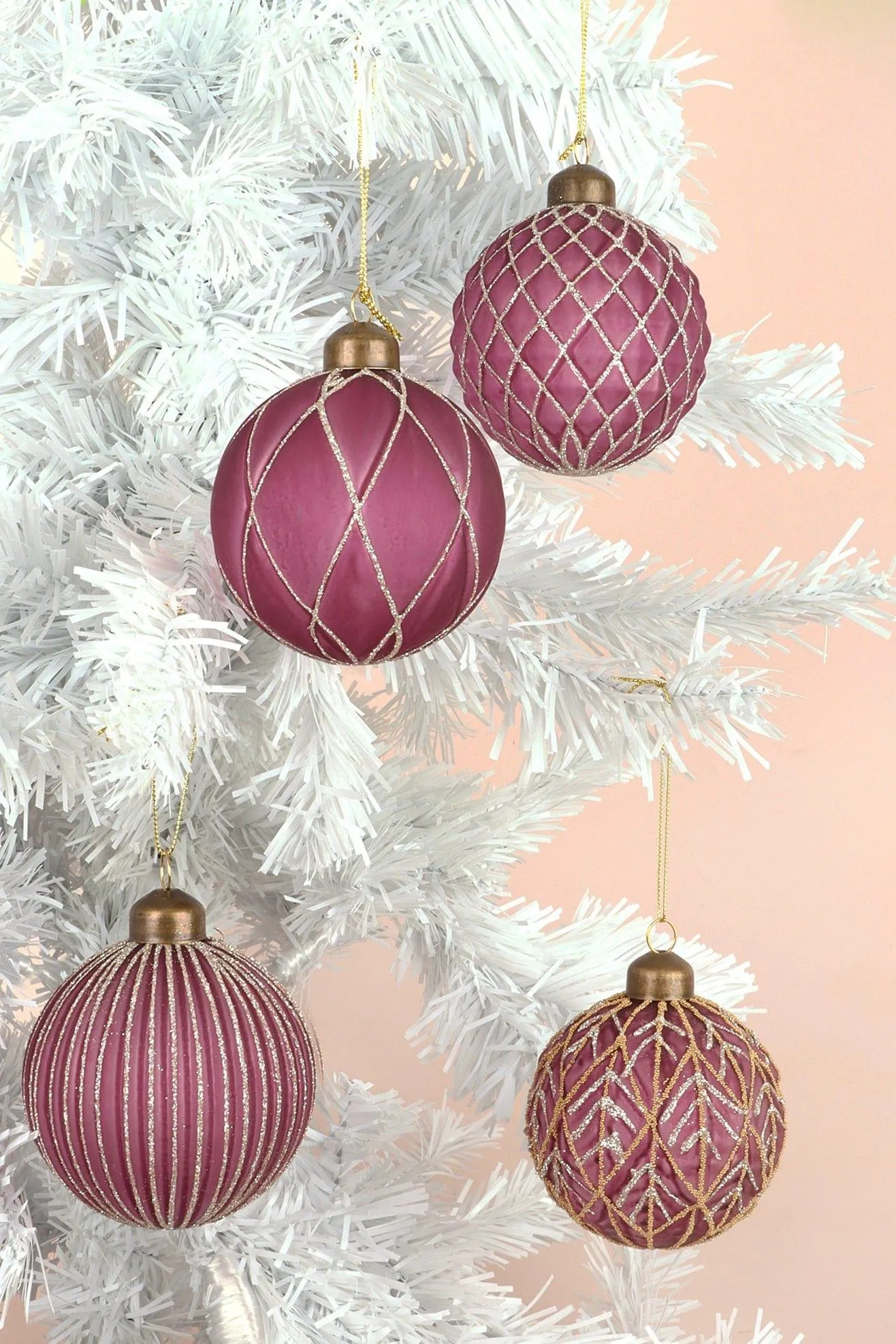 Set of 4 Glass Elegant Pink Christmas Tree Baubles with Gold Glitter Patterns