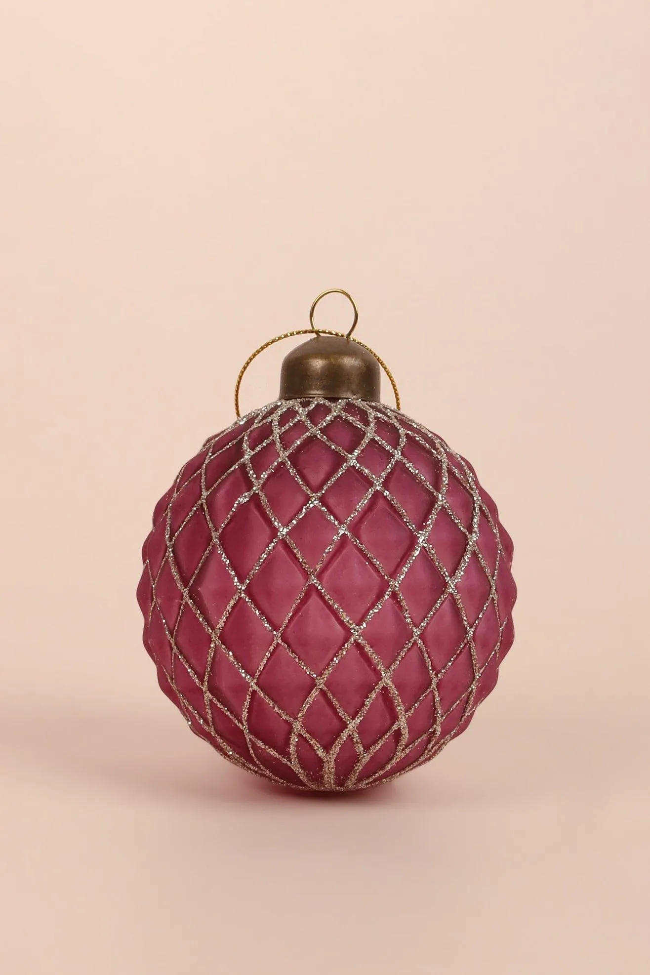 Set of 4 Glass Elegant Pink Christmas Tree Baubles with Gold Glitter Patterns