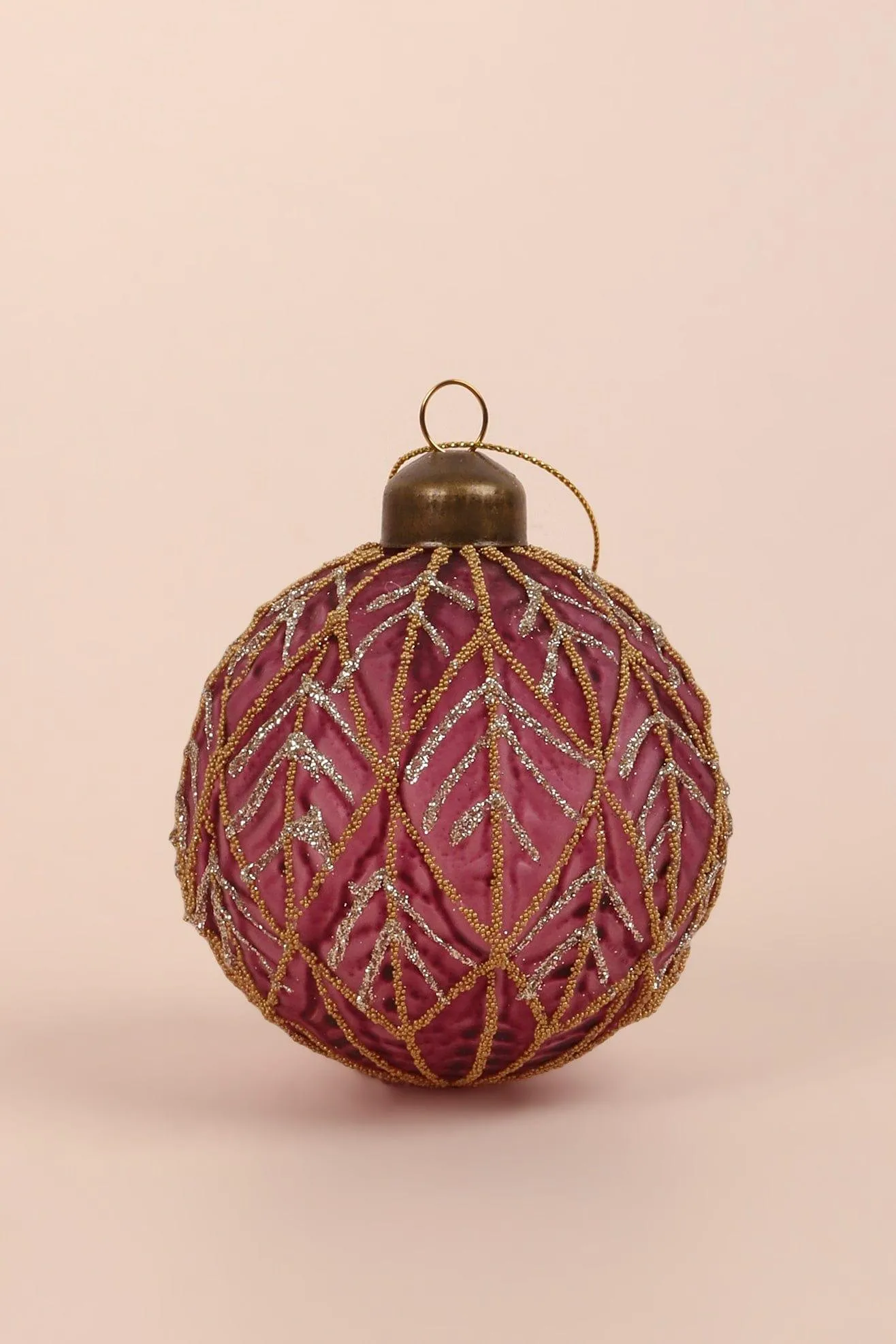 Set of 4 Glass Elegant Pink Christmas Tree Baubles with Gold Glitter Patterns