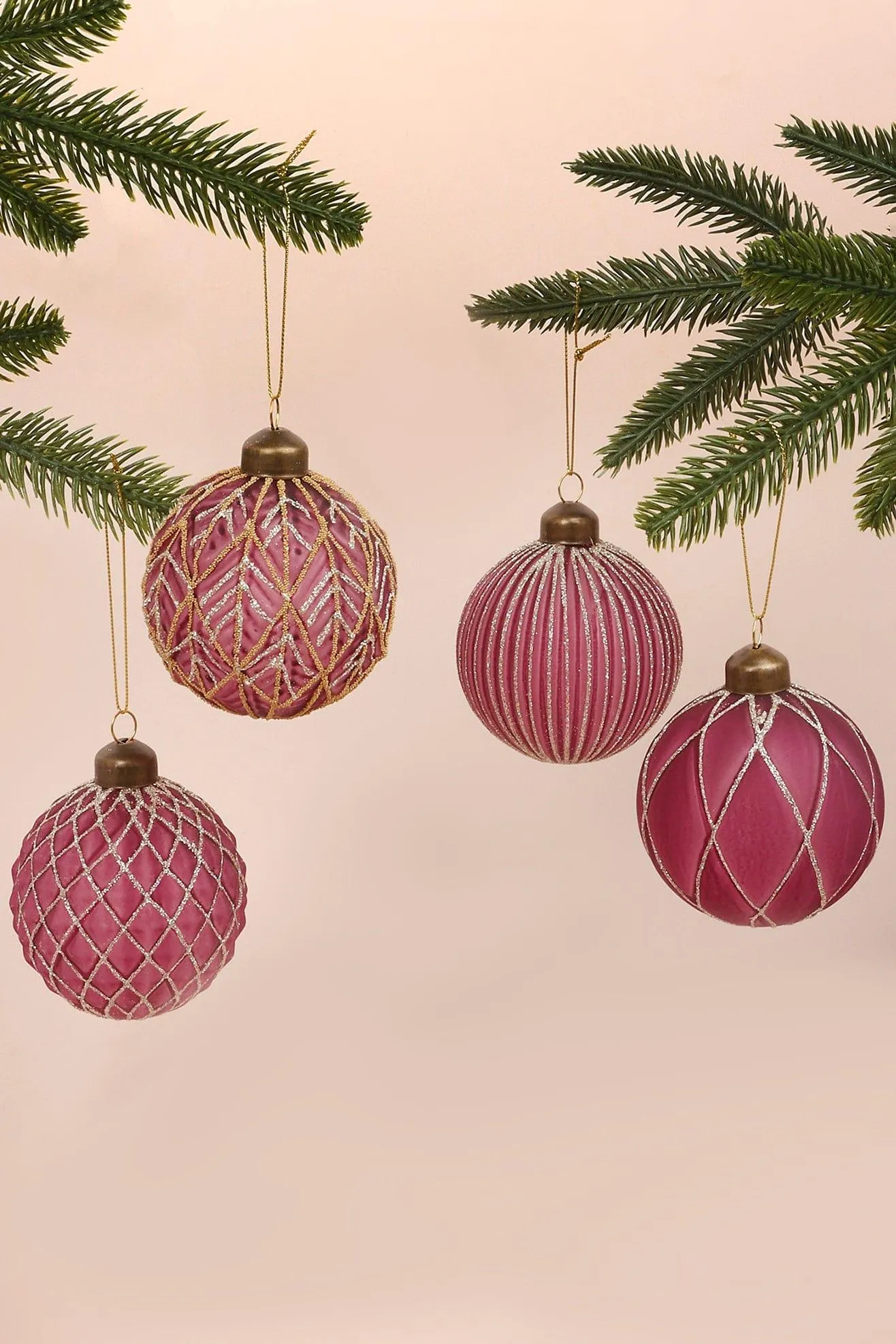 Set of 4 Glass Elegant Pink Christmas Tree Baubles with Gold Glitter Patterns