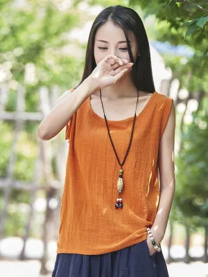 Soft Solid Color Sleeveless Ramie Cotton T-shirt