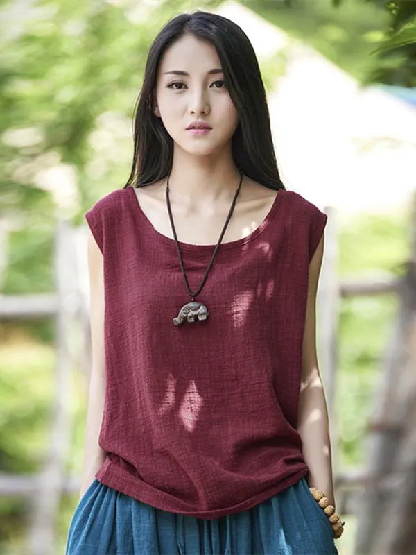 Soft Solid Color Sleeveless Ramie Cotton T-shirt