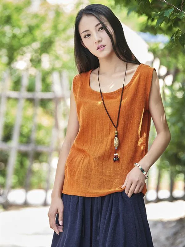 Soft Solid Color Sleeveless Ramie Cotton T-shirt