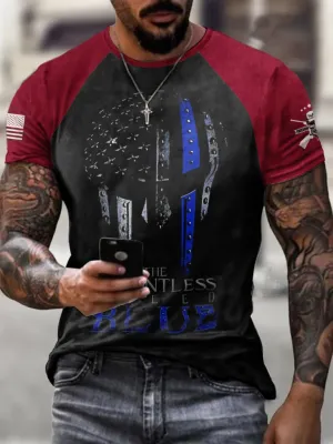 Splicing Thin Blue Line Skull Patriotic Printed Tee