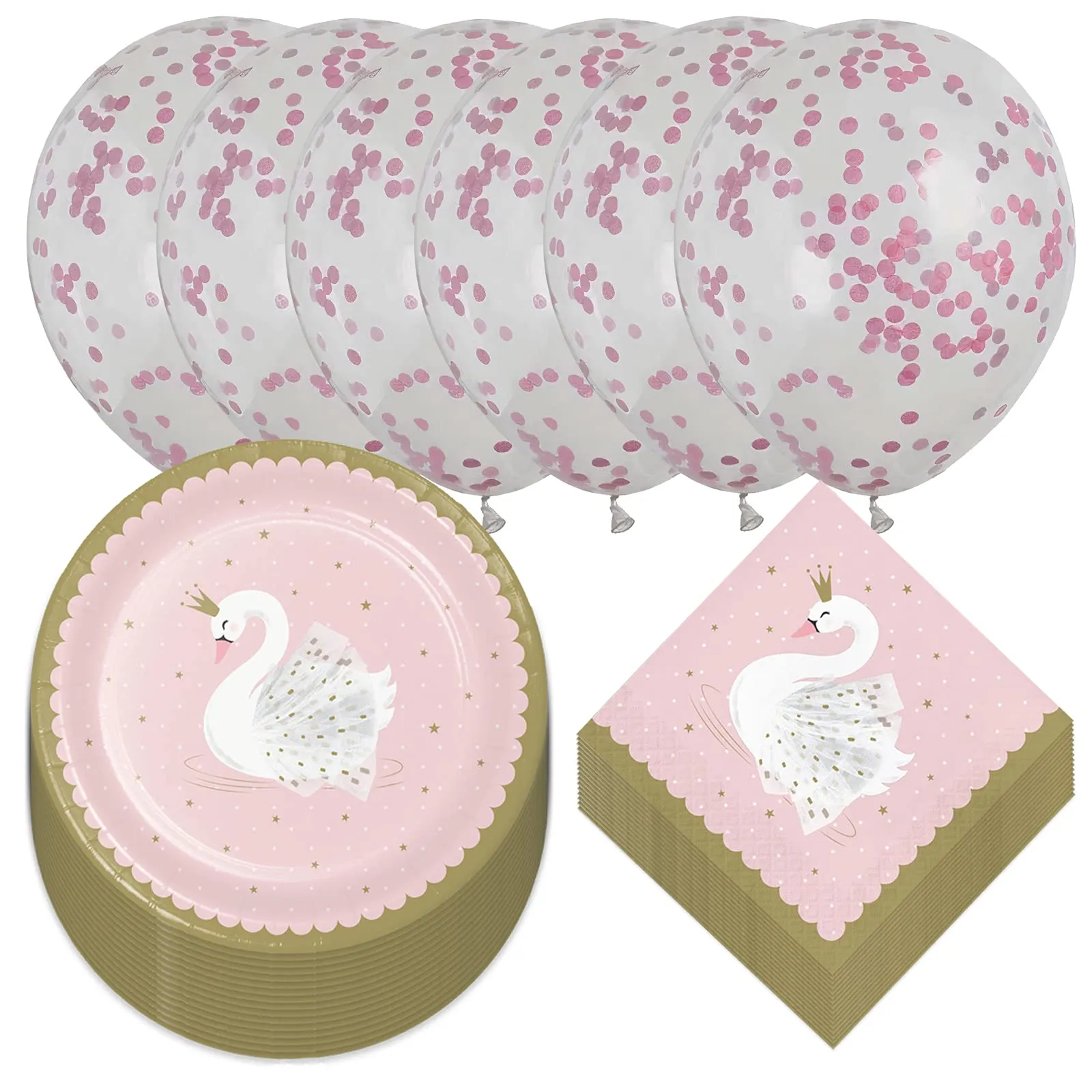 Swan Party Supplies - Pink and Gold Swan Princess Paper Dinner Plates, Luncheon Napkins, and Balloons (Serves 16)