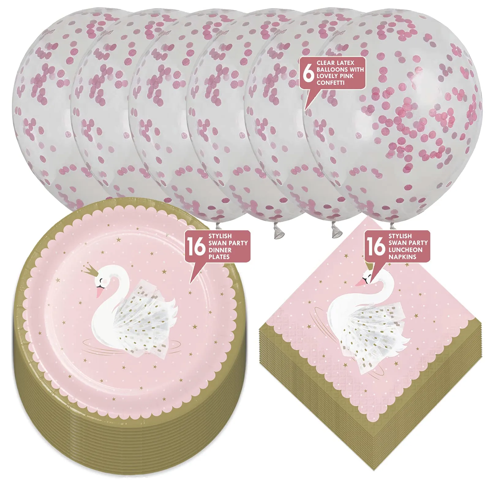 Swan Party Supplies - Pink and Gold Swan Princess Paper Dinner Plates, Luncheon Napkins, and Balloons (Serves 16)