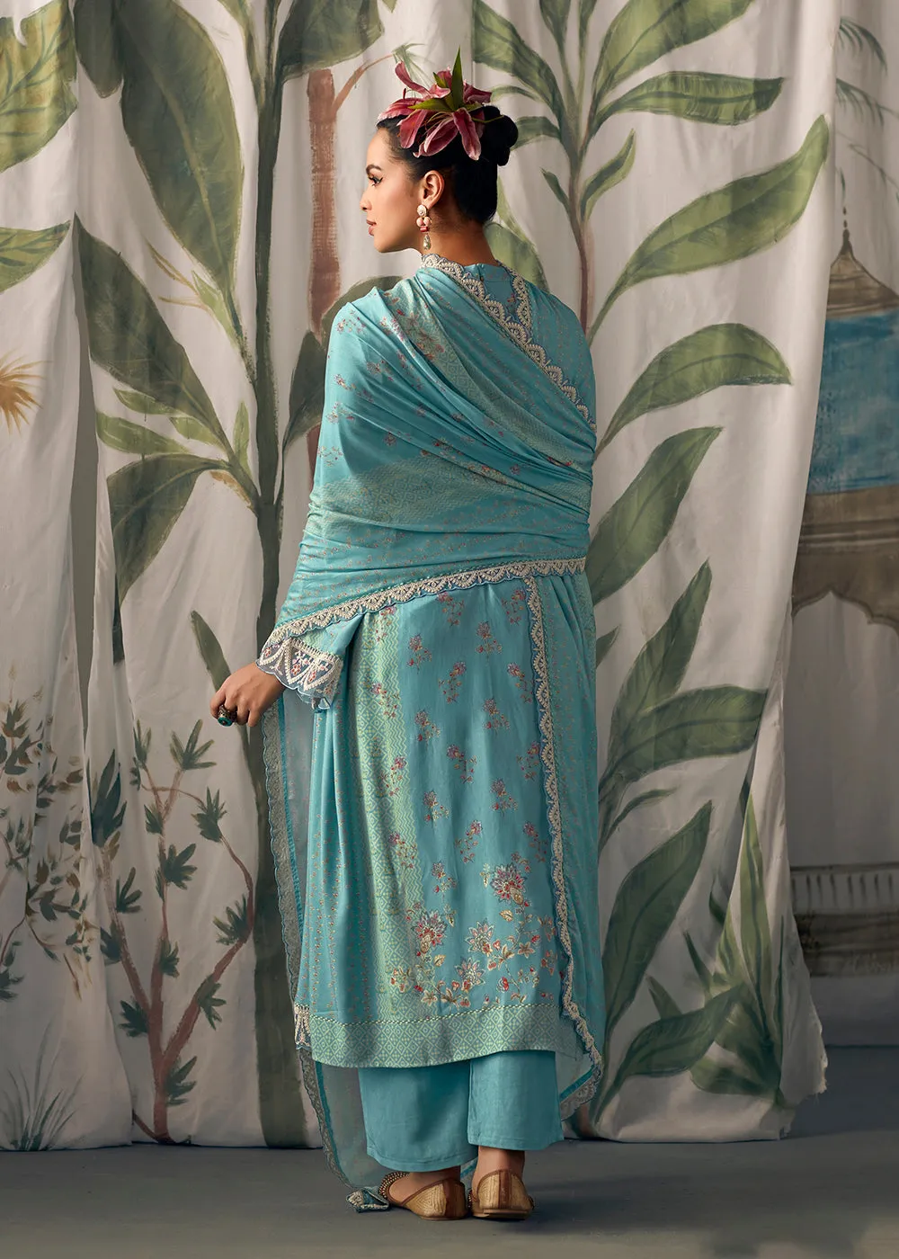 Turquoise Pure Maslin Cotton Digital Printed Salwar Suit