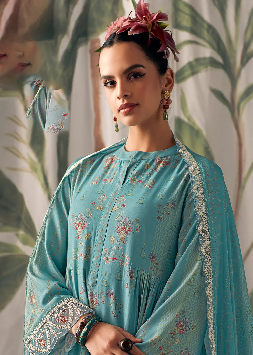 Turquoise Pure Maslin Cotton Digital Printed Salwar Suit