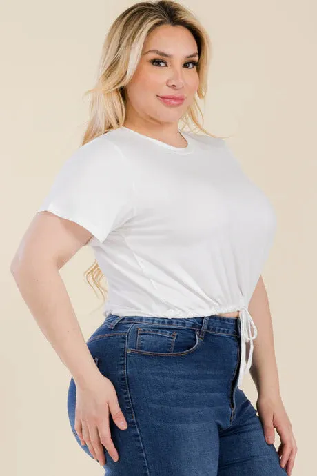 Voluptuous ( ) Plus Size Tie Front Drawstring Short Sleeve Crop Top - Ships from The USA