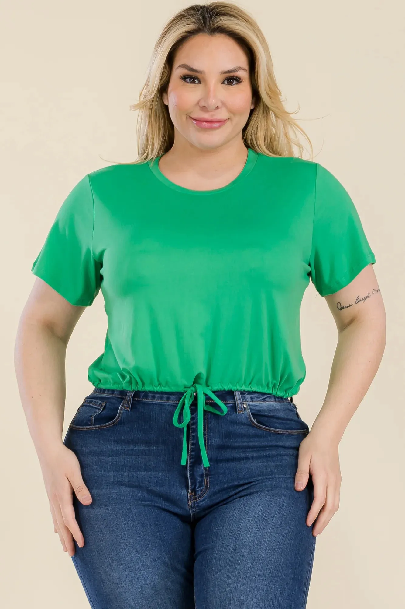 Voluptuous ( ) Plus Size Tie Front Drawstring Short Sleeve Crop Top - Ships from The USA