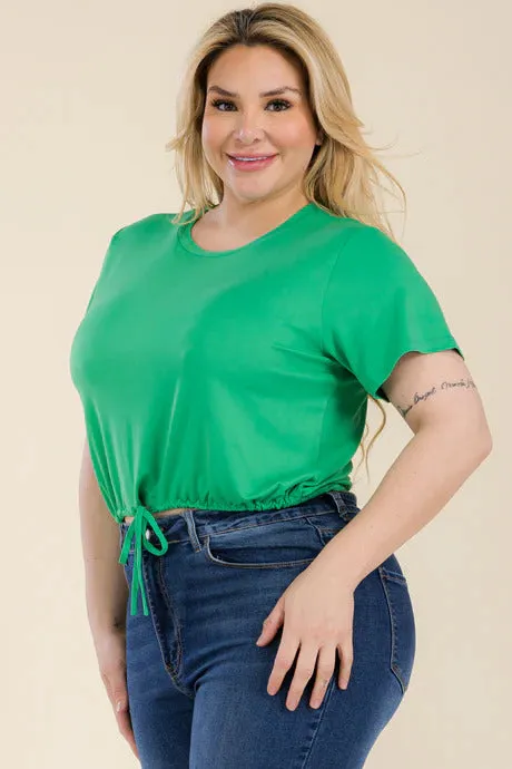 Voluptuous ( ) Plus Size Tie Front Drawstring Short Sleeve Crop Top - Ships from The USA