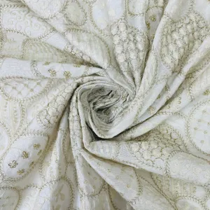 White Traditional Golden Zari Thread Embroidery Dyeable Dupion Silk Fabric